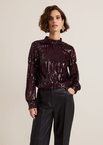 Phase Eight Hannah High Neck Sequin Shirts Burgundy Australia | PE0298457